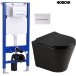 Wc suspendu sans rebord avec r�servoir cach� et plaque de pouss�e chrom�e, wc en c�ramique noir mat, ...