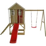 Wendi toys maison en bois sur pilotis alpaka avec toboggan rouge, balan�oire et bac � sable nature 290x350x242 ...