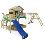 Aire de jeux disney quest avec balan�oire & toboggan, maison sur pilotis avec bac � sable, �chelle d'escalade ...
