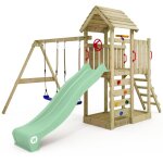 Wickey - aire de jeux portique bois multiflyer toit en bois avec balanoire et toboggan maison enfant ...