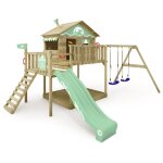 Aire de jeux portique bois smart coast avec balanoire et toboggan maison enfant sur pilotis avec bac ...