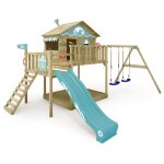 Aire de jeux portique bois smart coast avec balanoire et toboggan maison enfant sur pilotis avec bac ...