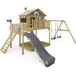 Aire de jeux portique bois smart coast avec balan�oire et toboggan maison enfant sur pilotis avec bac ...