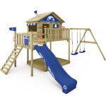 Aire de jeux portique bois smart coast avec balanoire et toboggan maison enfant sur pilotis avec bac ...