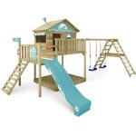 Wickey aire de jeux portique bois smart ocean avec balanoire et toboggan maison enfant sur pilotis avec ...