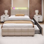 Wishdor - lit 90x200 cm avec tiroir, lit adulte led, lit capitonné beige avec fonction de chargement ... Wishdor - lit 90x200 cm avec tiroir, lit adulte led, lit capitonné beige avec fonction de chargement ...