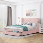 Wishdor - lit avec tiroirs lit double rembourr 140 x 200 cm. sommier  lattes. dossier et tiroirs. rose. ...