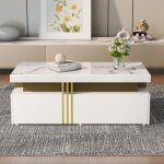 Wishdor - table basse blanche rectangulaire avec plateau  motif pvc et 2 tiroirs en bois - 100 x 50 ...