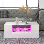 Wishdor - table basse blanche brillance avec led, 2 tiroirs et 2 �tag�res