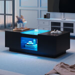 Wishdor - table basse noire rectanculaire avec led et 2 tiroirs, panneaux en verre, 100 x 50 x 35, 5 ...