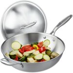 Wok, diamtre de 32 cm, acier inoxydable, couvercle verre, cuisinire  induction, gaz, lctrique, argente ...