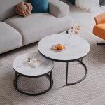 Wokaka - lot de 2 table basse gigogne - scandinave - surface en bois massif marbr� et pieds en m�tal ...