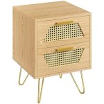 Table de chevet en bois, table de nuit scandinave chambre, 2 tiroir en rotin, pieds métalliques, bout ... Table de chevet en bois, table de nuit scandinave chambre, 2 tiroir en rotin, pieds métalliques, bout ...
