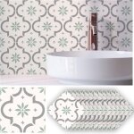 10pcs 15x15cm carreau adhesif mural, fleurs vert clair et blanches credence adhesive pour cuisine peler ...