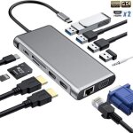 (12 en 1 - gris)hub usb c, adaptateur 12 en 1 avec dual 4k - hdmi, vga, usb 3. 0, usb 2. 0, port pd, ...