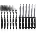 12 couverts pour steaks, hamburgers, pizzas, viandes, grillades, couteau dentel�, fourchette