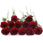 12 pi�ces rose rouge artificielles, longues tiges fausse roses rouge en soie pour bouquet de mari�e, ...