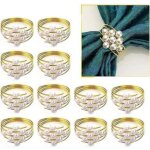 12pcs rond de serviette boucle en perles brillants, d�coration de table, dor� anneaux de serviette en ...
