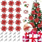15 pices poinsettia  paillettes de nol, nol glitter artificielles fleurs de nol, artificielles scintillan ...
