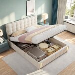 160 x 200 cm lit coffre avec sommier, lit hydraulique avec led et t�te de lit capitonn�, lit 2 personnes ...