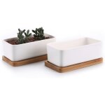 17cm pot de succulent en c�ramique avec plateau en bambou blanc lot de 2, cactus plante planteur cache ...