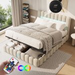 180 x 200 cm lit coffre avec led et ports usb, lit capitonn� lit de sol avec sommier et t�te de lit, ...