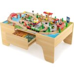 Costway - 2 en 1 84 pcs table circuit de train en bois avec plateau rversible, table enfants avec tiroir, ...