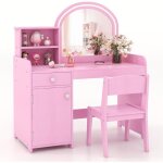 Costway 2 en 1 bureau enfants avec chaise & 120 lumi�res led, coiffeuse enfants fille avec miroir acrylique, ...