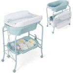 2 - en - 1 table � langer & baignoire pliable bebe, commode � langer b�b� avec panier de rangement, roues ...