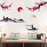 2 feuilles style japonais splash ink paysage peinture sticker mural fleur de cerisier rouge stickers ...