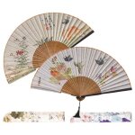 2 pi�ces �ventail chinois imprim� de chats et de papillons, evantail pliant en coton bambou avec 2 pochettes ...