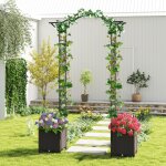 208 x 250cm treillis d'arche de jardin avec 2 jardini�res auto - irriguantes roues pergola en m�tal rev�tu ...