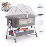 3 en 1 berceau cododo avec roues, lit cododo b�b� r�glable en hauteur 71 - 84cm, couchette de chevet, ...