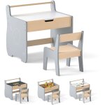 3 en 1 table enfant avec chaise en forme d'elphant, table et chaise en bois avec tableau amovible & ...