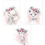 3 affiches animaux chambre bebe fille rose tableau poster girafe elephant lion mural enfant deco sans ...