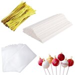 300 btonnets cake pops, inclut 100 btons papier + 100 sachets + 100 attaches, pour bonbons / sucettes ...