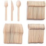 300pcs couverts jetables 100 fourchettes 100 cuill�res 100 couteaux 16cm bois naturel �cologique id�al ...