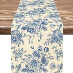 (33x183 cm)rose bleue chemin de table esquisse monochrome vintage et rouleau toile de jute chemin de ...