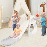 4 en 1 toboggan enfant pliable en hdpe avec panier de basket & jeu de lancer d'anneaux, aire de jeux ...