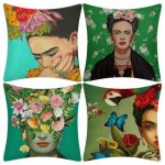 4 pices peinture  l'huile frida kahlo autoportrait coton lin jeter taie d'oreiller voiture, coussin ...