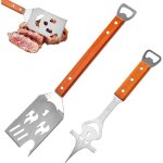 8 en 1 ustensiles barbecue set, spatule pour barbecue de 42 cm et fourchette de 33 cm, manche en acier ...