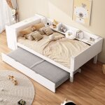 Okwish - lit simple 90x200 cm, lit enfant avec lit gigogne, table et �tag�res, en bois de pin, blanc, ...