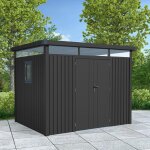 Trigano - abri de jardin mtal anthracite 5. 71 m toit plat + kit d'ancrage