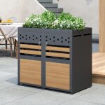 Abri poubelle 132x80x120cm avec toit vgtalis, porte en bois avec trous d'aration, mtal, gris / naturel, ...