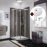 Accès d'angle arrondi 90 x 90 x 190 cm avec portes de douche coulissantes + receveur, verre transparent ... Accès d'angle arrondi 90 x 90 x 190 cm avec portes de douche coulissantes + receveur, verre transparent ...