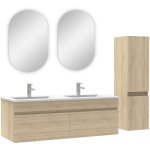 Acezanble ensemble salle de bain double vasque avec colonne et miroir ovale 120cm meuble chne wotan