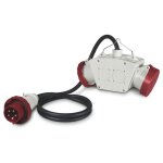 Adaptateur entre fiche 3p + n + t 32a 380 - 415v mle / sortie 2 prises femelles clapet rouge rallonge ...