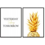 Affiches photos encadr�es 53x73cm diptyque lot de 2 tableaux ananas dor� p984