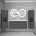 Aica ensemble meuble double vasque l. 120cm 4 tiroirs + lavabo + 2led miroirs rond 60cm + 2colonne, anthracite ...