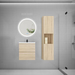 Aica ensemble meuble vasque l. 50cm 2 tiroirs + lavabo + led miroir rond 60cm + colonne, ch�ne